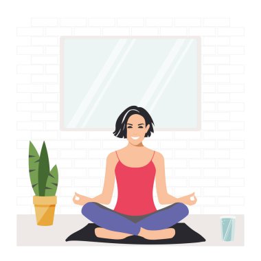 Lotus pozisyonunda oturmuş meditasyon yapan bir kadın. Pratik yoga dersi. Düz bir tasarım. Genç esmer güzel kız mutlu ve harika hissediyor..