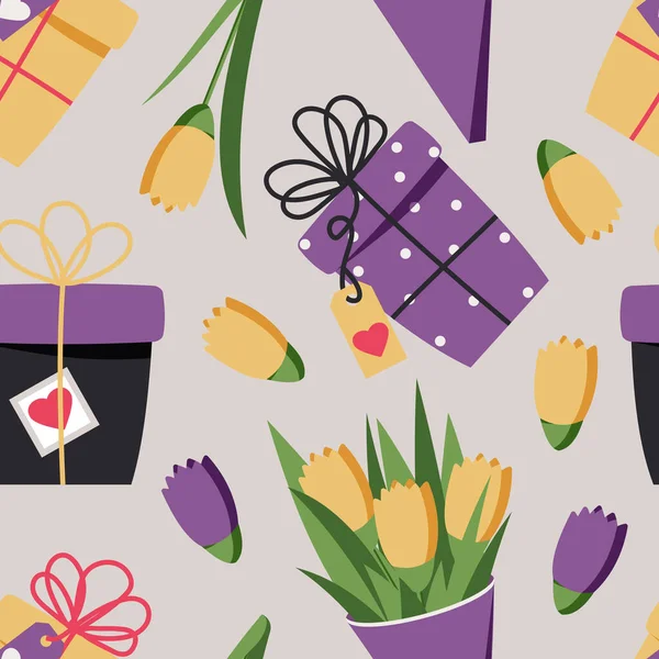 黄色と紫のチューリップや各種ギフトボックス 現代の生地や包装紙のお祝いの春のためのシームレスなパターン — ストック写真