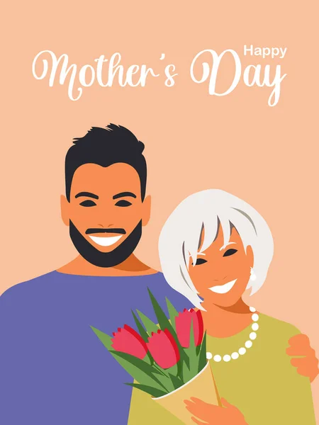 大人の息子は 彼の母親にピンクのチューリップの花束を与え 愛情を込めて彼女を抱擁します 母の日の挨拶カードのデザインフラットスタイルで 幸せな家族の肖像画 — ストック写真