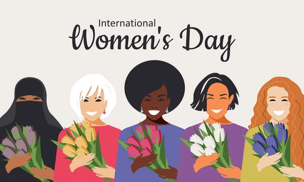 Cartaz Com Dia Internacional Mulher Multidão Mulheres Modernas Diferentes Nacionalidades — Fotografia de Stock