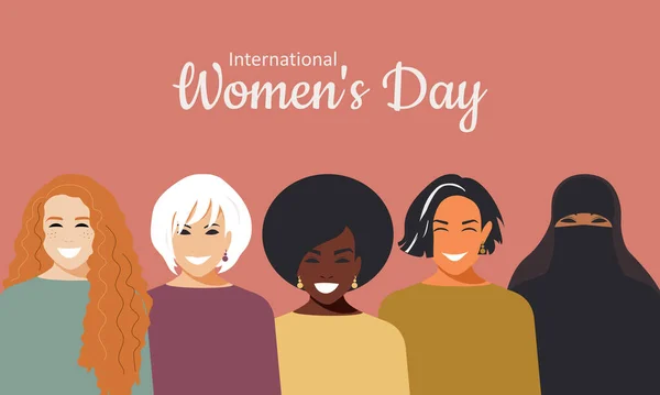 粉红背景的国际妇女节横向海报 来自不同民族和宗教的现代时尚女性群体 女人从快乐和平等中微笑 — 图库照片
