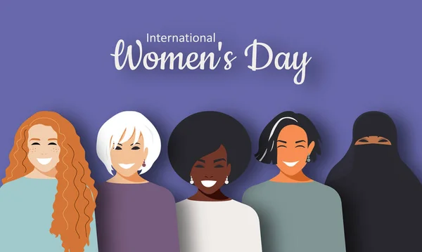 Poster Horizontal International Women Day Crowd Modern Women Different Nationalities — Stock Photo, Image