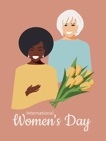 Uluslararası Kadınlar Günü Için Dikey Pembe Poster Farklı Milletlerden Dinlerden — Stok fotoğraf