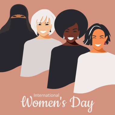 Uluslararası Kadınlar Günü için modern poster. Farklı milletlerden ve dinlerden dört zarif kadın pembe bir arka planda mutluluk ve eşitlikle gülümsüyor.. 