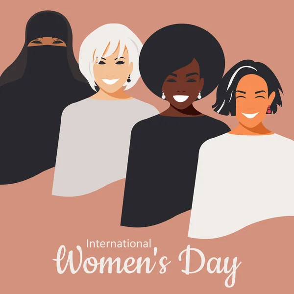 国际妇女节的现代海报 四个不同民族 不同宗教的时尚女性 在粉红的背景下 快乐而平等地微笑着 — 图库照片