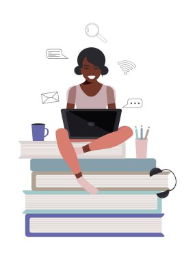 Afro-Amerikalı neşeli kız öğrenci dizüstü bilgisayarla kendini izole ediyor. Çevrimiçi eğitim konsepti düz stil. Evde kal.. 