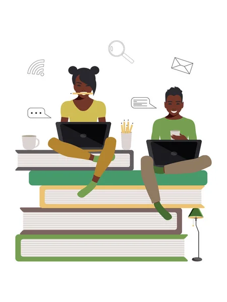 アフリカ系アメリカ人の陽気な学生の男と女の子は本のノートパソコンで座っている フラットスタイルでオンライン教育の概念 家にいて — ストック写真