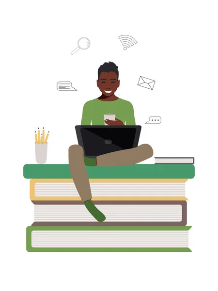 Afroameričan Veselý Student Sedí Laptopem Knihách Online Vzdělávání Koncepce Plochém — Stock fotografie