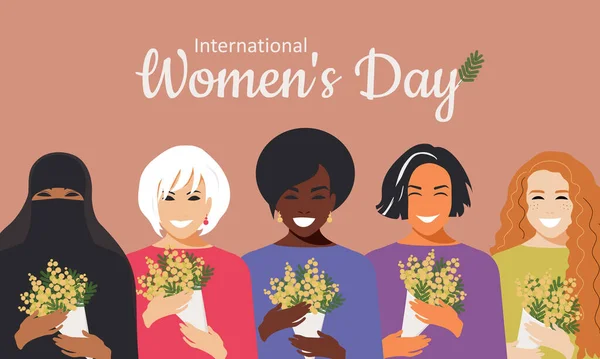 Mimoza Bahar Çiçeği Buketleriyle Uluslararası Kadınlar Günü Farklı Milletlerden Dinlerden — Stok fotoğraf