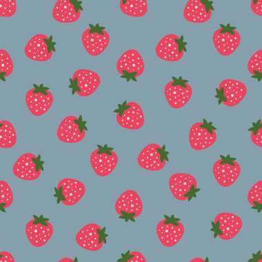 Mavi arka planda çilek. Tekstil ürünleri, dekoratif yastıklar, ambalaj kağıdı ve kağıt ürünleri için kusursuz sevimli desen. 