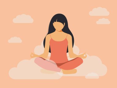 Lotus pozisyonunda oturan bir kadın yoga yaparken meditasyon yapar. Akıl sağlığı konsepti. Kız zihnini boşaltır ve bulutların üzerindeymiş gibi ışığı hisseder. Narin pembe rüya gibi gökyüzü posteri. 
