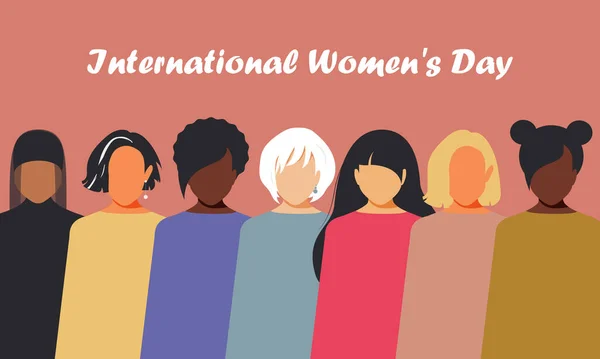 International Women\'s Day. Women of different nationalities and religions unite in the struggle for equal rights. Trendy modern stylish people on pink horizontal poster.