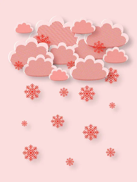 Roze Wolken Sneeuwvlokken Papier Gesneden Stijl Winter Kerst Weer Concept — Stockfoto