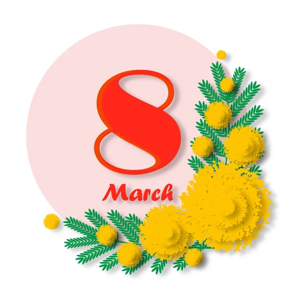黄色含羞草 美丽的银杏枝条剪纸风格 3月8日 春节贺卡 祝国际妇女日快乐 白色背景上的粉红圆框 — 图库照片