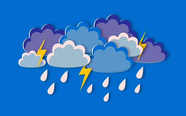 紙のカットスタイルで青の背景に雨の雲と雷 嵐の間の天気予報の現代的なデザイン 曇天水平ポスター — ストック写真