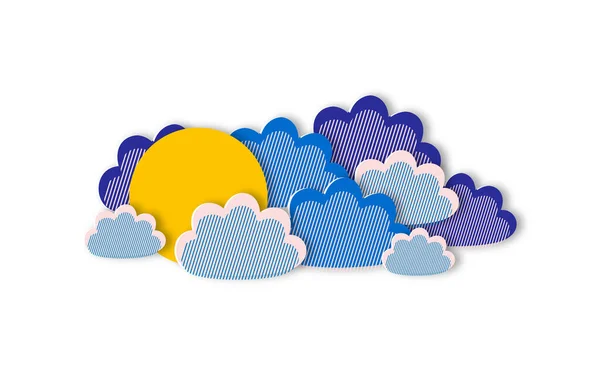 紙のカットスタイルで白い背景に隔離された青いかわいい雲と黄色の太陽 近代的な天気予報の設計 空と少し曇りの天気の水平ポスター — ストック写真