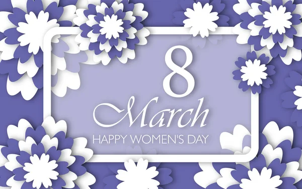 3月8日紫と白のはがき 幸せな女性の日 現代的なデザイン 花のお祝い春の水平ポスター紙のカットスタイルで長方形のフレーム — ストック写真