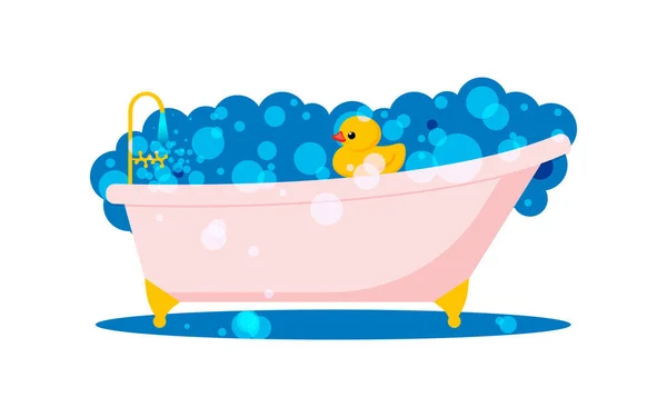Sarı Sevimli Plastik Ördek Pembe Köpük Banyosunda Yüzüyor Yıkanmak Oyuncaklarla — Stok fotoğraf