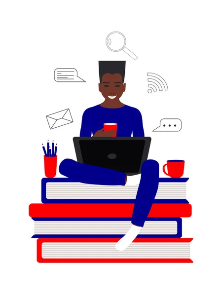 Afroameričtí Veselí Studenti Ten Chlap Sedí Laptopem Knihách Online Vzdělávací — Stock fotografie