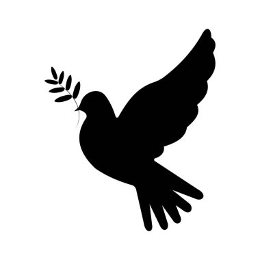 Dalı olan güvercin ikonu. Kuş, beyaz bir zemin üzerinde siyah renktedir. Barışın sembolü.. 