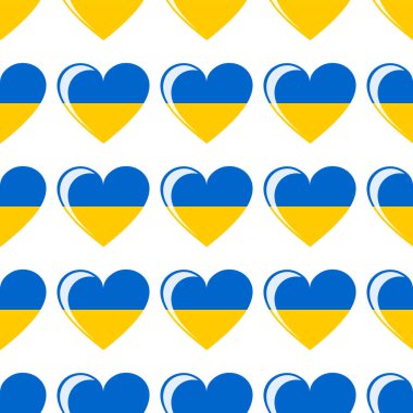Tekstil ve kağıt ürünleri, sunum posterleri ve posterleri için kusursuz şirin desenler. Beyaz arka planda kalp şeklinde Ukrayna bayrağı.