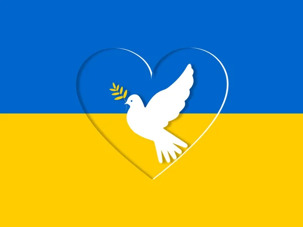 Horizontal poster with white dove of peace in paper cut style on the background of the national flag of Ukraine. Peace to Ukraine. February 24, 2022.