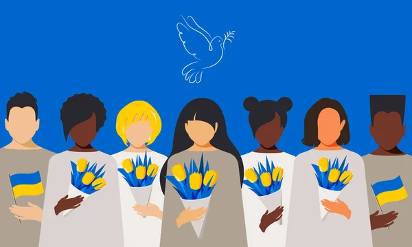 Különböző Országokból Származó Férfiak Tartják Ukrajna Zászlaját Nők Tartják Tavaszi — Stock Fotó