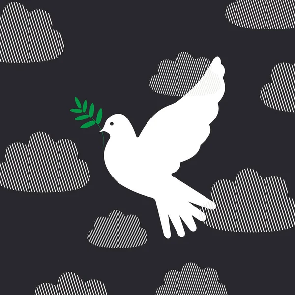 白鸽与小枝和平鸽在阴郁的云中飞翔 给我们带来了胜利与和平的希望与信念 — 图库照片