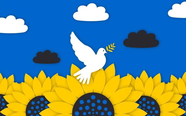 파란색 배경에 해바라기가 그려진 평화의 비둘기가 포스터 우크라이나에 — 스톡 사진