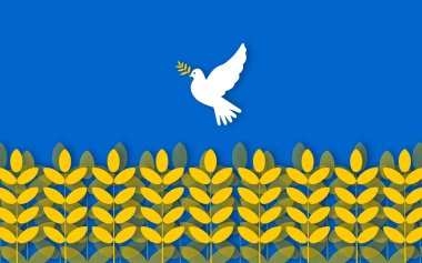 Kağıt kesiğinde barış güvercini olan yatay poster. Mavi gökyüzü ve sarı buğday tarlası Ukrayna bayrağının sembolik renkleri.