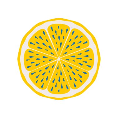 Mavi ve sarı renkli limon dilimi. Beyaz arka planda izole edilmiş tropik turunçgil meyvesinin modern baskısı. 