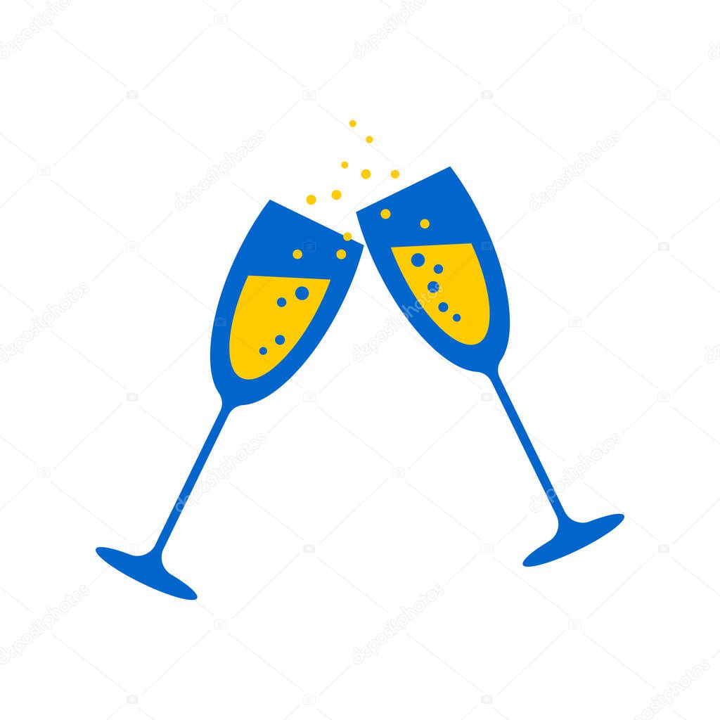 Two glasses of sparkling drink in paper cut style. Festive glasses clink loudly, splashing champagne. Cute modern print in blue and yellow tones on a white background. 