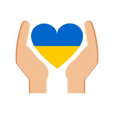 Ukrayna için dua et. İnsanların elinde Ukrayna bayrağı olan bir kalp simgesi. Anavatanı sevmek, zafere destek ve inanç. 