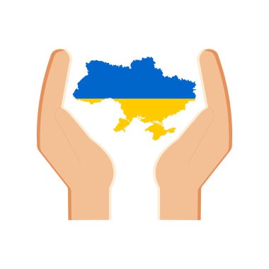 Ukrayna için dua et. İnsanların elinde Ukrayna bayrağı olan bir harita simgesi. Anavatanı sevmek, zafere destek ve inanç. 
