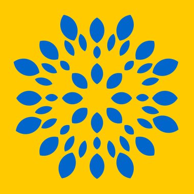 Sarı arka planda mavi yaprakların patlama etkisi. Dekoratif yastıklara basmak için soyut dairesel desen, iç tasarım.. 