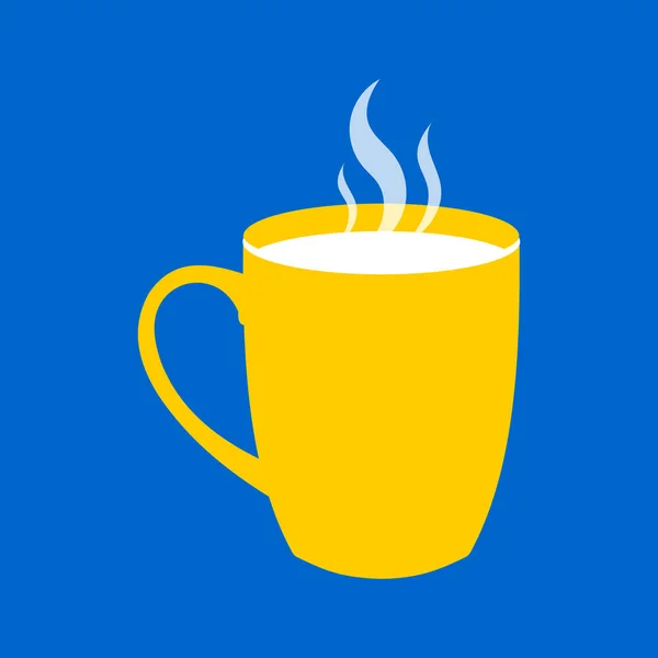 Желтая Симпатичная Кружка Горячего Чая Кофе Голубом Фоне Стиле Плоского — стоковое фото