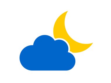 Mavi bulut ve sarı hilal. Gece hava tahmini simgesi beyaz arkaplanda izole edildi. 