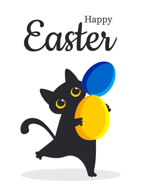 Frohe Ostern Eine Schwarze Süße Katze Hält Bunte Ostereier Ihren — Stockfoto