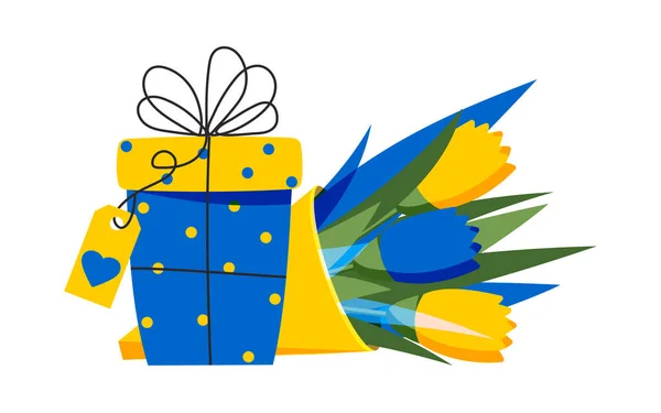 Cartão Felicitações Buquê Flores Primavera Presente Uma Caixa Azul Amarelo — Fotografia de Stock
