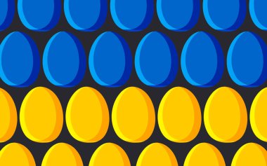 Siyah arka planda sarı ve mavi yumurtalar. Modern tasarımda yatay sevimli poster. 