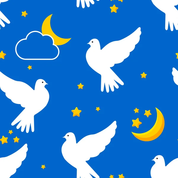White Doves Blue Sky Yellow Stars Crescent Moon Seamless Cute — Stockfoto