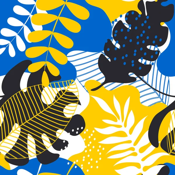 Tropical Leaves Blue Yellow Seamless Cute Pattern Beautiful Plants Decorative — 스톡 사진
