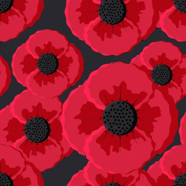 Red Poppies Seamless Pattern Black Background Spring Flowers — Foto de Stock