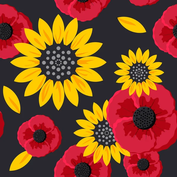 Red Poppies Yellow Sunflowers Seamless Pattern Black Background Spring Flowers — Fotografia de Stock