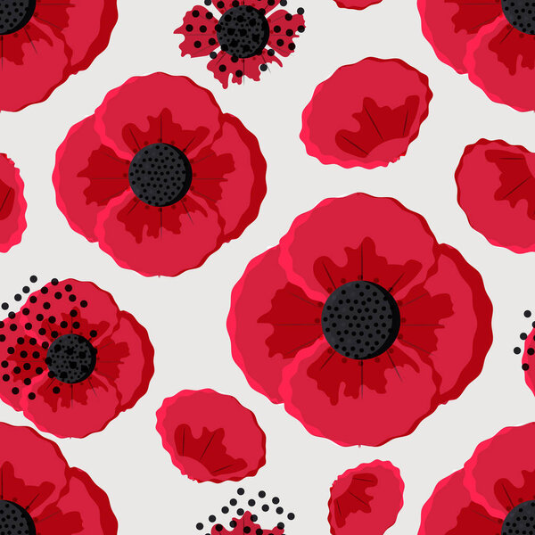 Red poppies on a light gray background. Seamless pattern with spring flowers for fashion textiles. 
