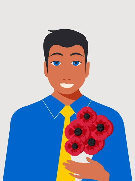 Brunette Man Blue Shirt Yellow Tie Holds Bouquet Red Poppies — Stock Photo, Image