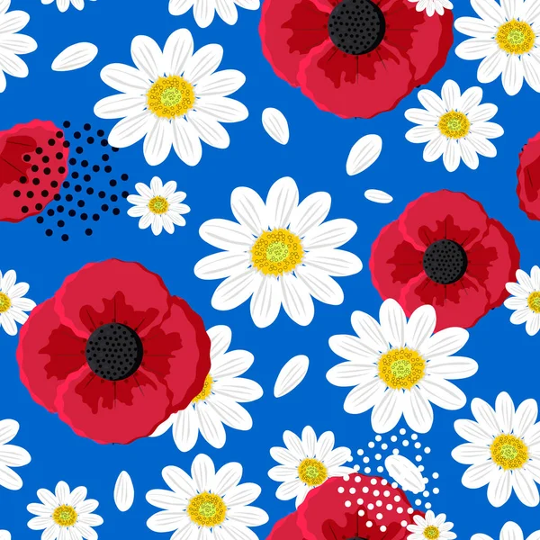 Wild Chamomile Flowers Red Poppies Seamless Summer Floral Pattern Blue — Foto de Stock