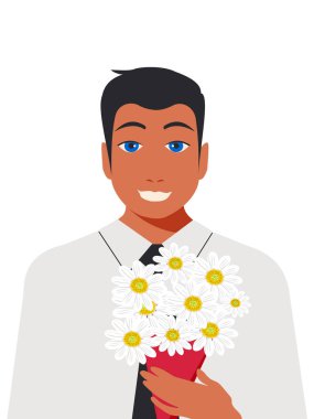 Kısa siyah saçlı, beyaz gömlekli, mavi gözlü ve siyah kravatlı yakışıklı bir adam elinde bir buket beyaz papatya tutuyor. Erkek hediyesi ve ilgi. 