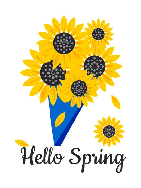 Hello Spring Bouquet Yellow Sunflowers White Background — Stok fotoğraf