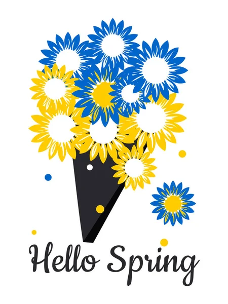 Hello Spring Bouquet Yellow Blue Sunflowers White Background — Stok fotoğraf